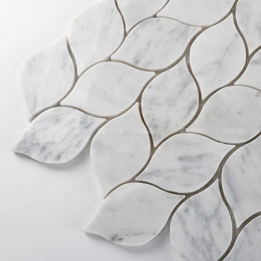 China Hot Popular Water Jet Natural Stone Carrara White Leaf Shaped Marble Mosaic Tiles For Backsplash Wall Floor Decor