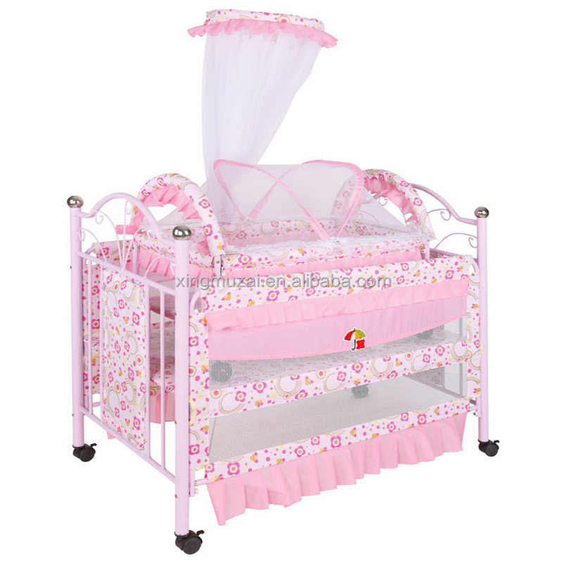 Wholesale Baby Bed Portable Pink Metal Baby Furniture Firm Kids Cribs With Mosquito Net