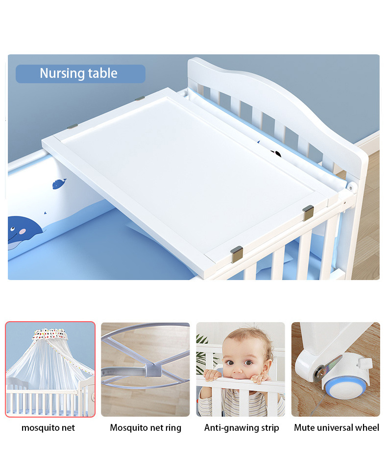 Multifunctional White Baby Crib Cot Pine Wood Baby Bed Price Adjustable Wooden Baby Crib Cot OEM Kids Cribs