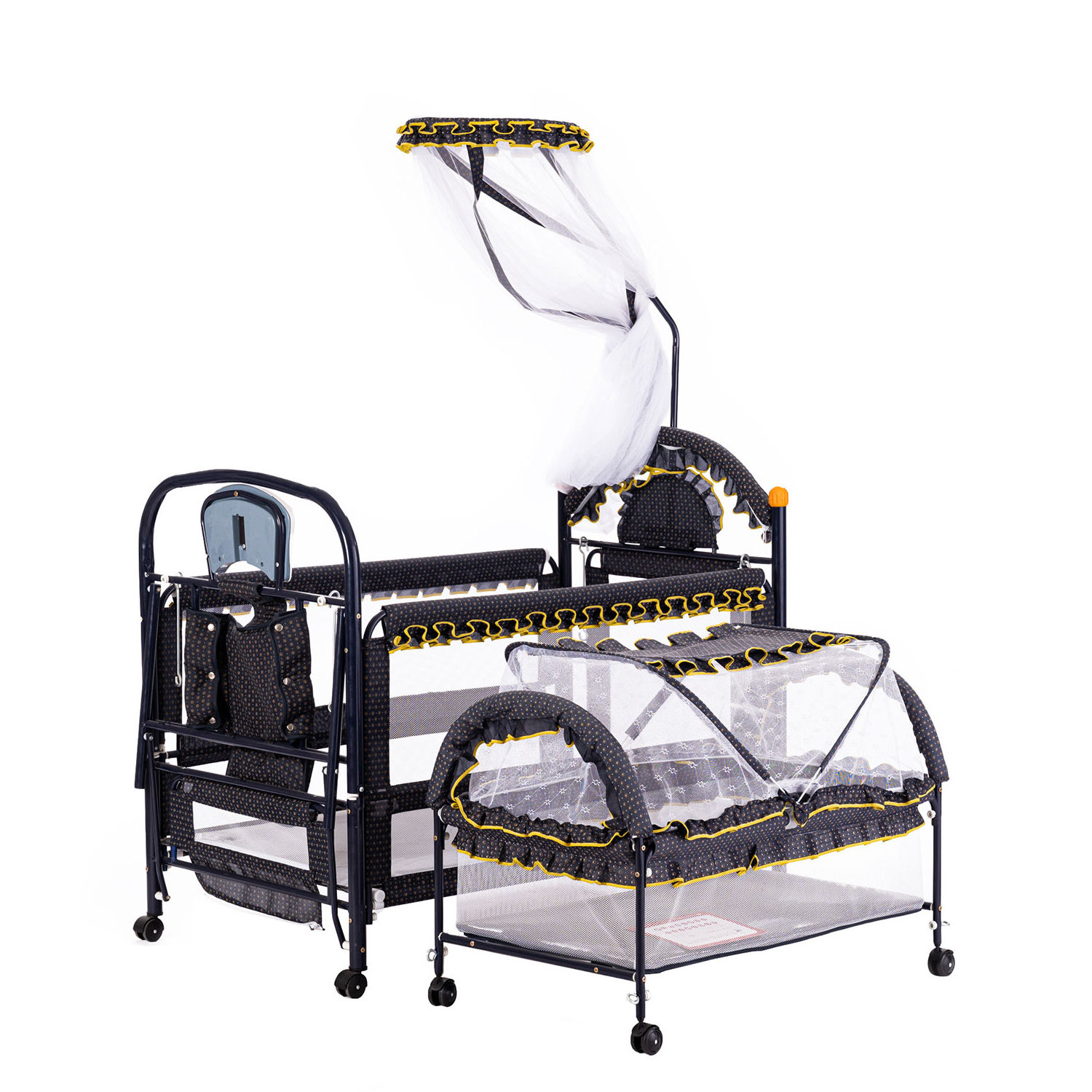 Dark Blue Swing bed Iron Baby Cot With Music Box And Canopy