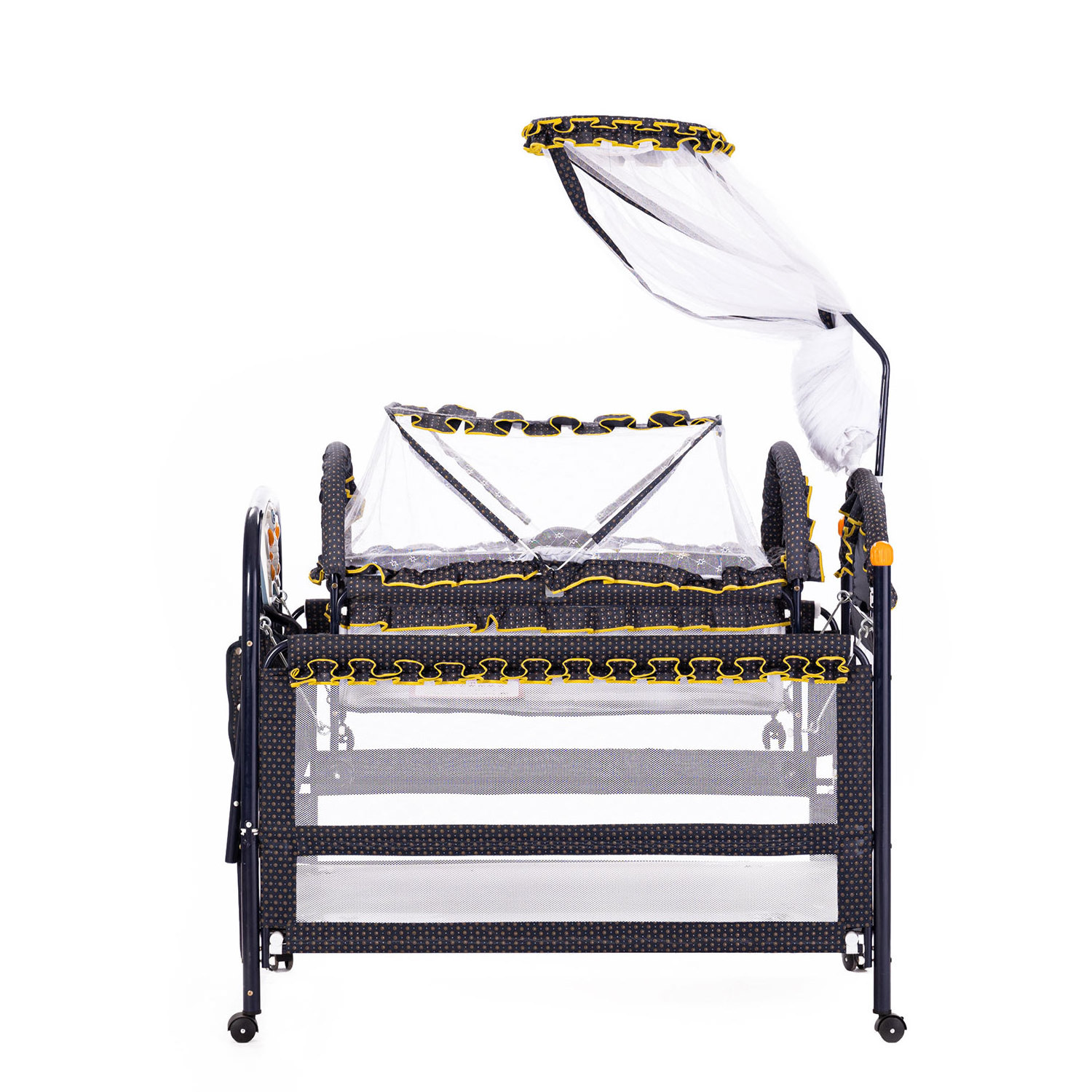 Dark Blue Swing bed Iron Baby Cot With Music Box And Canopy