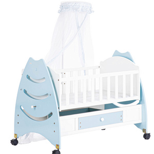 Hot Sale Style Sky Blue Cribs Wooden Baby Swing Cot Bed With Canopy