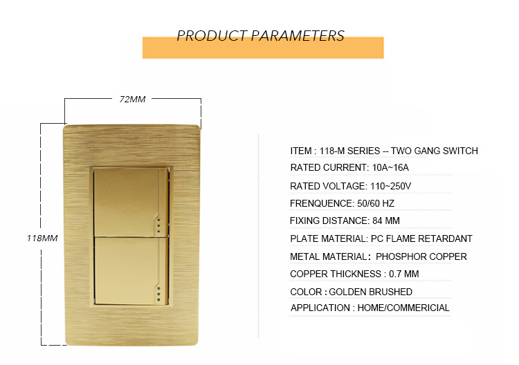 Factory Best Price Wall Brass Gold Plate 110V 220V 250V 1/2/3/4 Gang 2 Way Indoor Room Wall  Night Light Switch