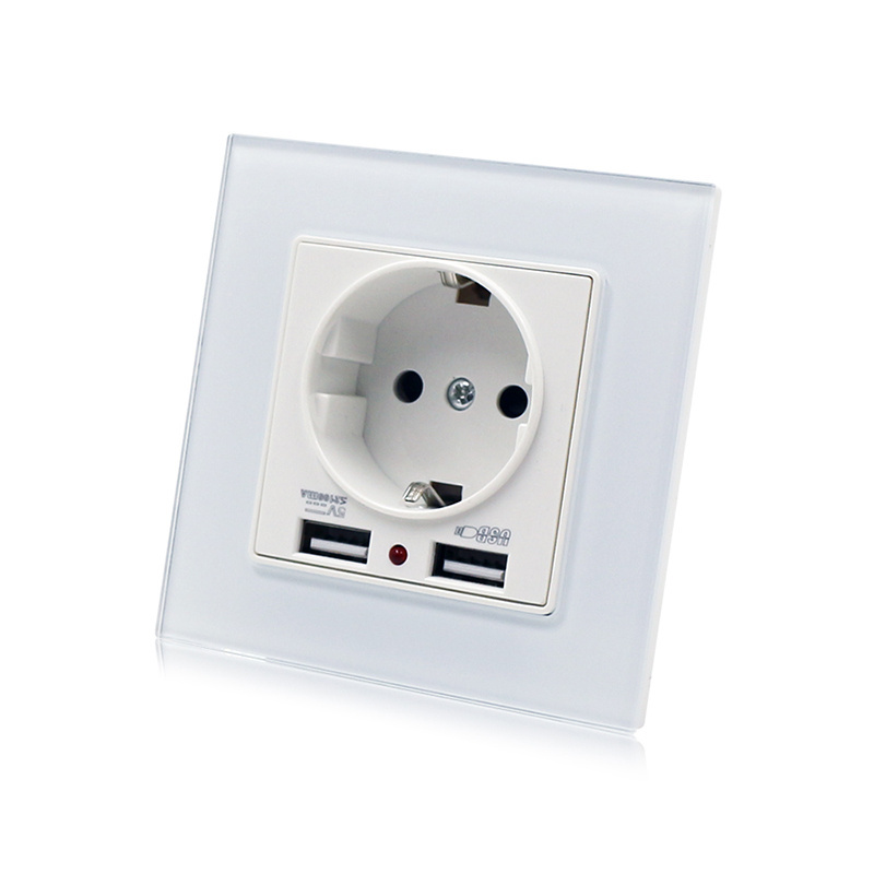 Plugs And Sockets European Standard Glass Panel Switch And Socket EU Schuko Socket With Double Type A USB