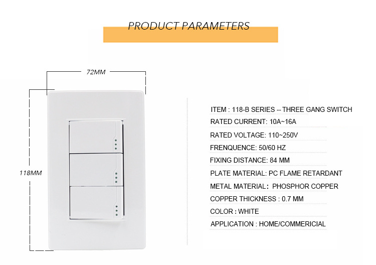 High Quality Modular 118 Type Household Modern Light Control PC Plate Cover 3 Gang 1 Way 2 Way Control Wall Switch