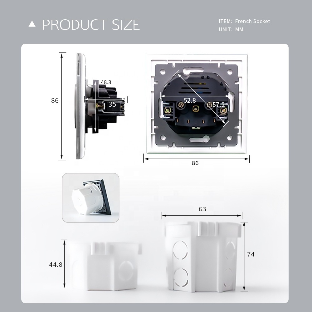 Reliable Quality Tempered Glass Cover White Black Gold Grey Color Electrical Power EU Standard French Type Wall Socket