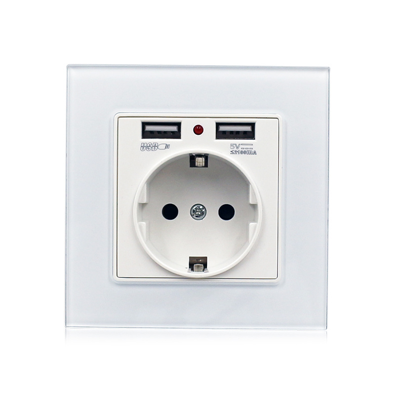 Plugs And Sockets European Standard Glass Panel Switch And Socket EU Schuko Socket With Double Type A USB