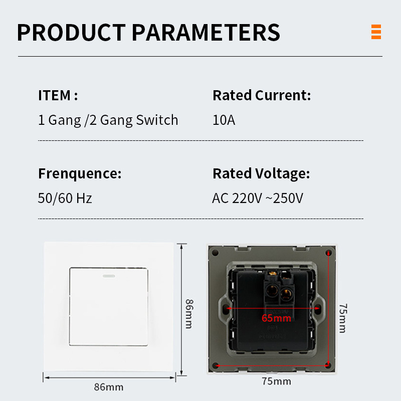 European Standard PC Cover  250V 10A Electric Push Button Light Switch 2 Gang 1 Way 2 Way Wall Mount Switch