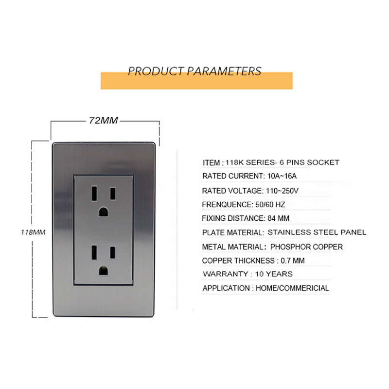 South American Standard 3 Pin Duplex Outlet Metal Plate Cover Electrical Power Wall Sockets Switches For Home