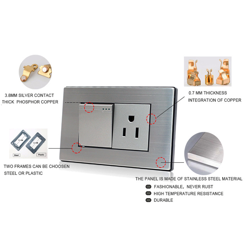 118 Type Household Wall Mounted Power Outlet Socket American Wall Switches And Sockets Electrical Home Stainless Steel 110/250V