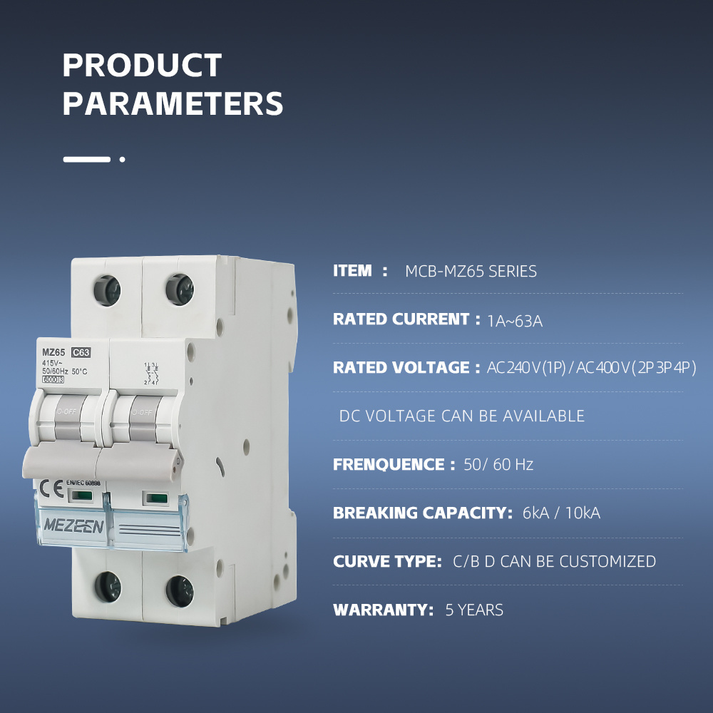 MEZEEN Miniature Circuit Breaker 2 Pole Air Switch MCB-MZ65 Double Pole 1A~63A AC 230V/400V 6kA 10kA C65 MCB Breaker