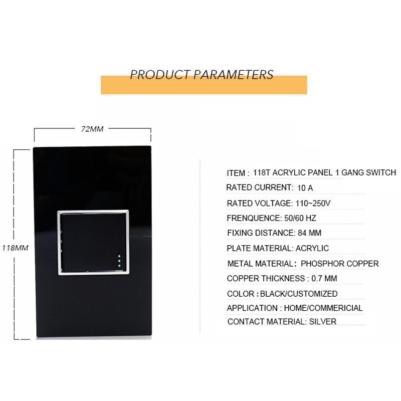 Wenzhou Factory Modern Whole Black Acrylic Plate 110V-250V 1 Gang 1 Way 2 Way Light  Control Wall Switch