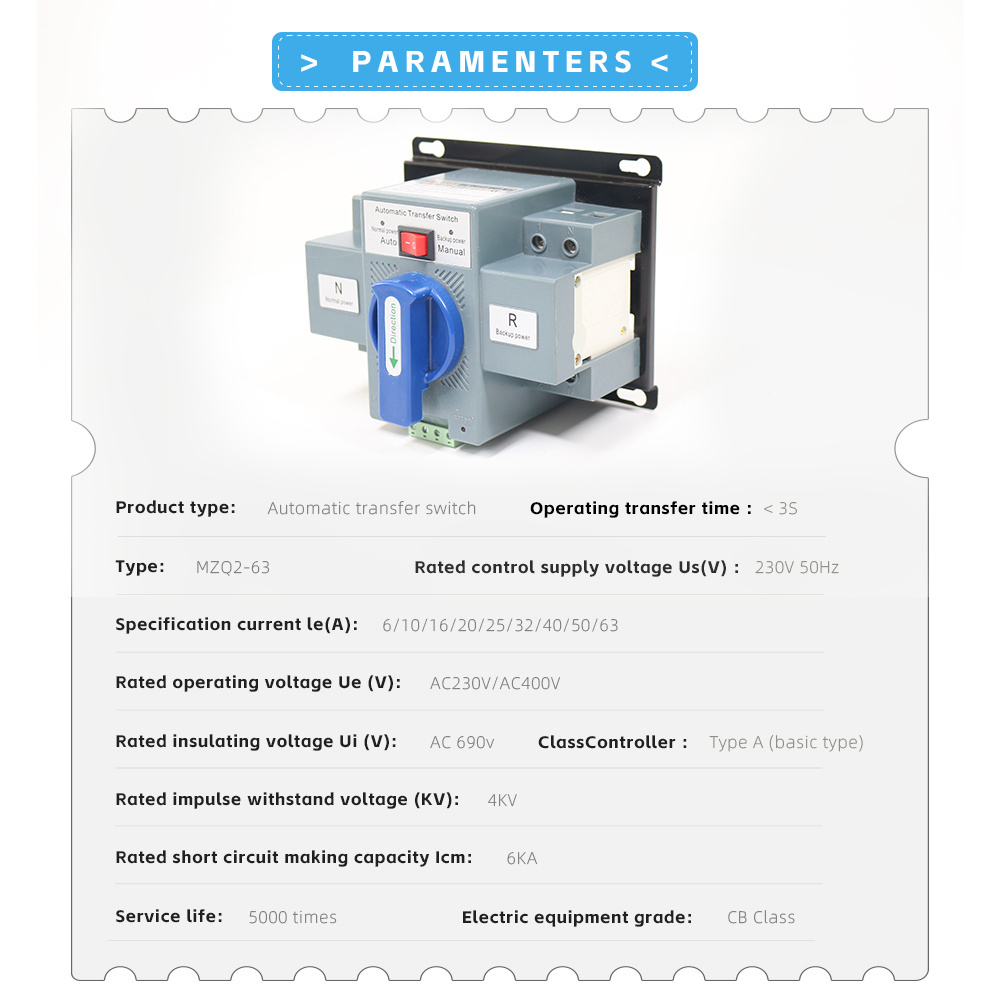 ATS 220V 2P 63A Single Phase Dual Power Automatic Transfer Switch AC Disconnect Switch  Circuit Breaker Type