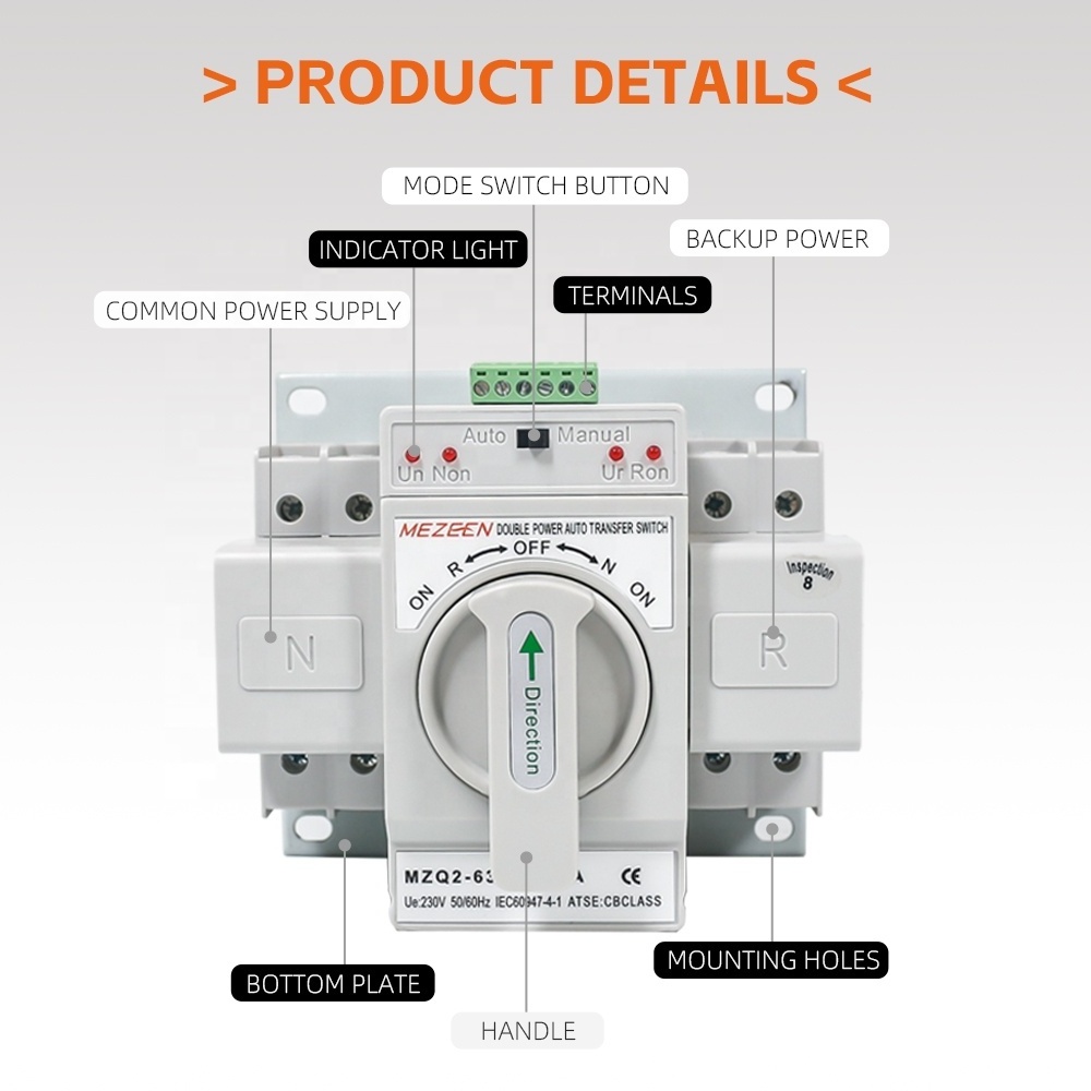 220V 2P 63A ATS switch for generator Power Automatic Transfer Pv Disconnect change over switches ats double shot