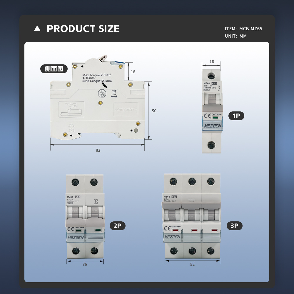 MEZEEN Miniature Circuit Breaker 2 Pole Air Switch MCB-MZ65 Double Pole 1A~63A AC 230V/400V 6kA 10kA C65 MCB Breaker