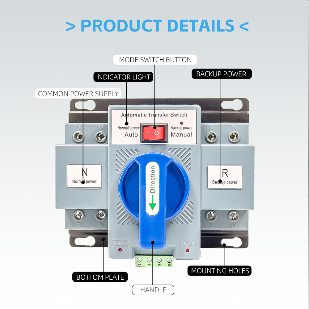 ATS 220V 2P 63A Single Phase Dual Power Automatic Transfer Pv Disconnect Switch Surge Protection Switch