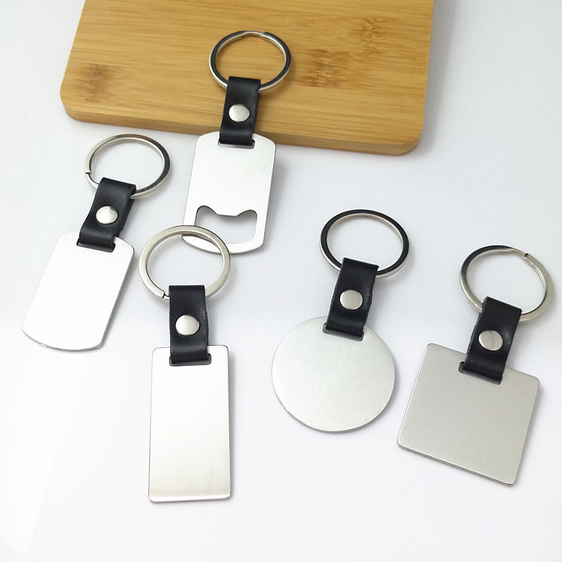 High Quality Metal Stainless Steel PU Leather Keychain Blanks Different Shape Bottle Opener Keychain With Customize Logo