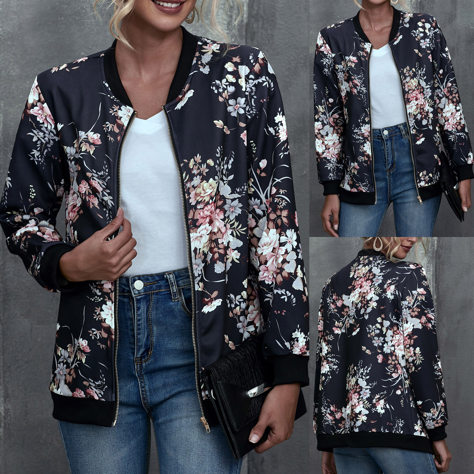 Wholesale Sublimation Camouflage Bomber Jacket Clothing Women Casual Zippers Jacket Coat Floral Print Winter Women Jacket  Coat