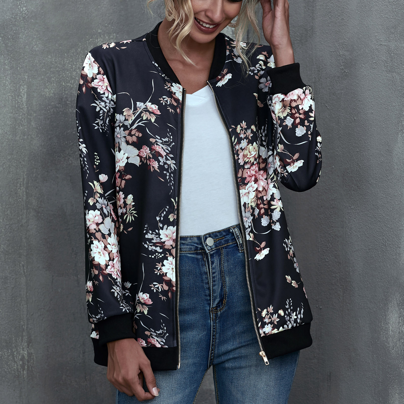 Wholesale Sublimation Camouflage Bomber Jacket Clothing Women Casual Zippers Jacket Coat Floral Print Winter Women Jacket  Coat