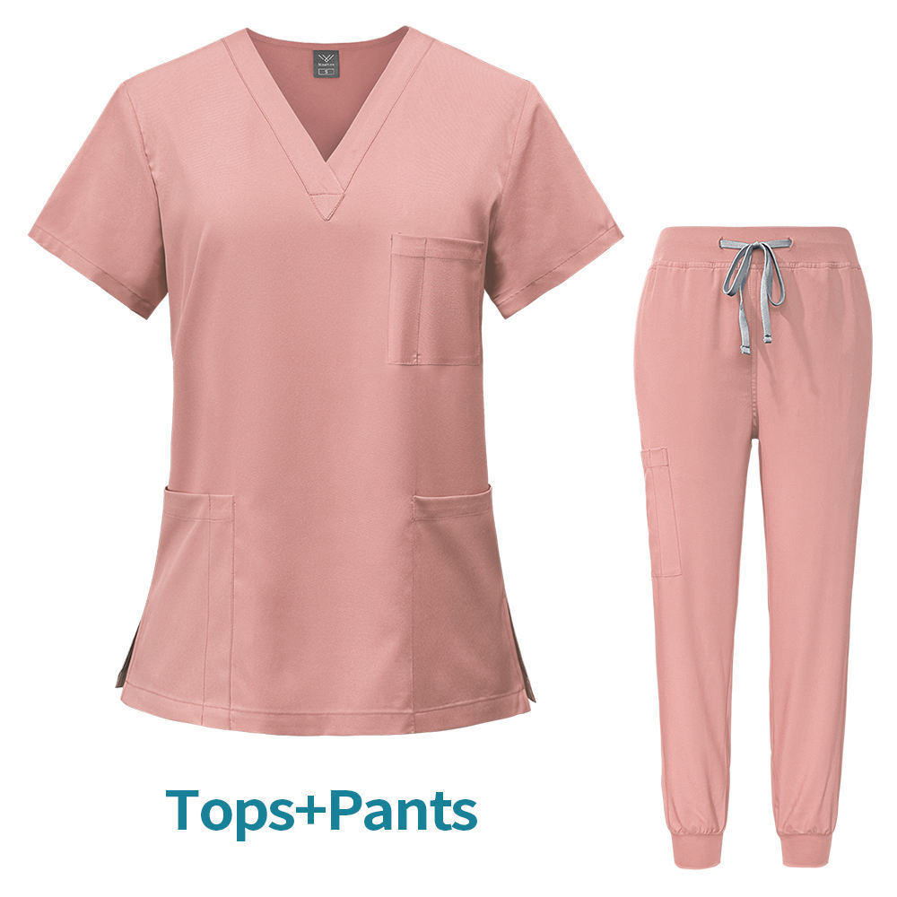 New Embroidery Screw Thread Pant Medical Scrub 2 Piece Sexy V Neck Joggers Nurse Uniformes Oem Fashion Hospital Uniformes Set