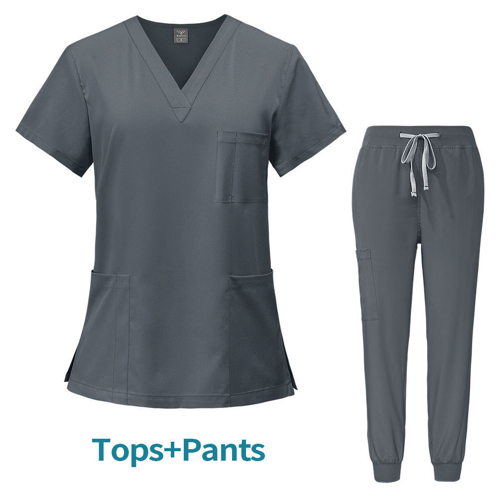 New Embroidery Screw Thread Pant Medical Scrub 2 Piece Sexy V Neck Joggers Nurse Uniformes Oem Fashion Hospital Uniformes Set