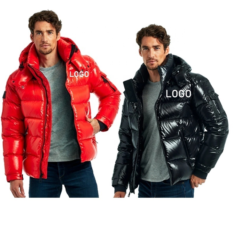 Men'S Custom Logo Black Winter Streetwear Puffer Jacket Men Outdoor Cropped Shiny Men Bubble Down Jacket Duck Hoodies Down Coat