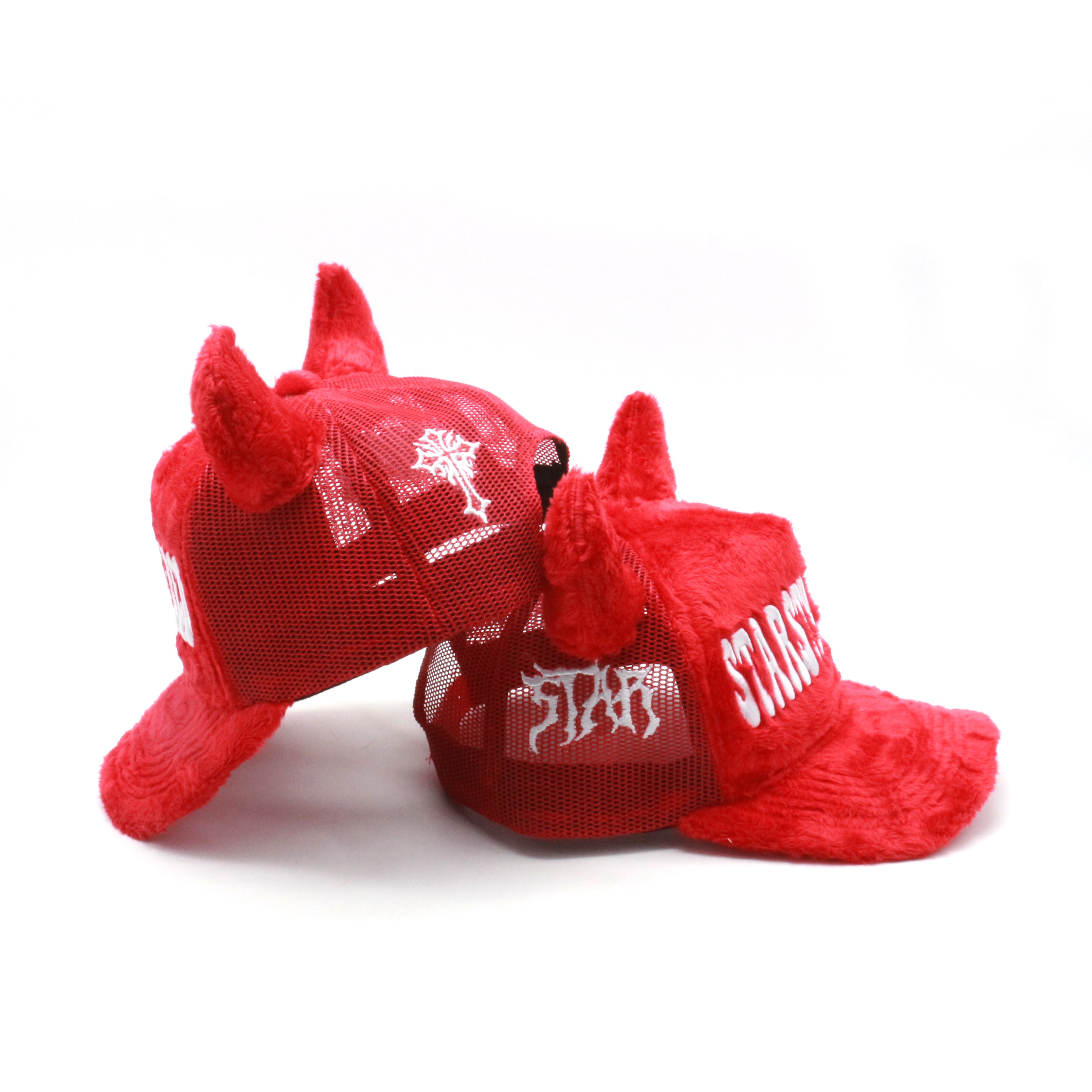 Cute person customized devil trucker hat fuzzy velvet trucker hat caps with horn wholesale