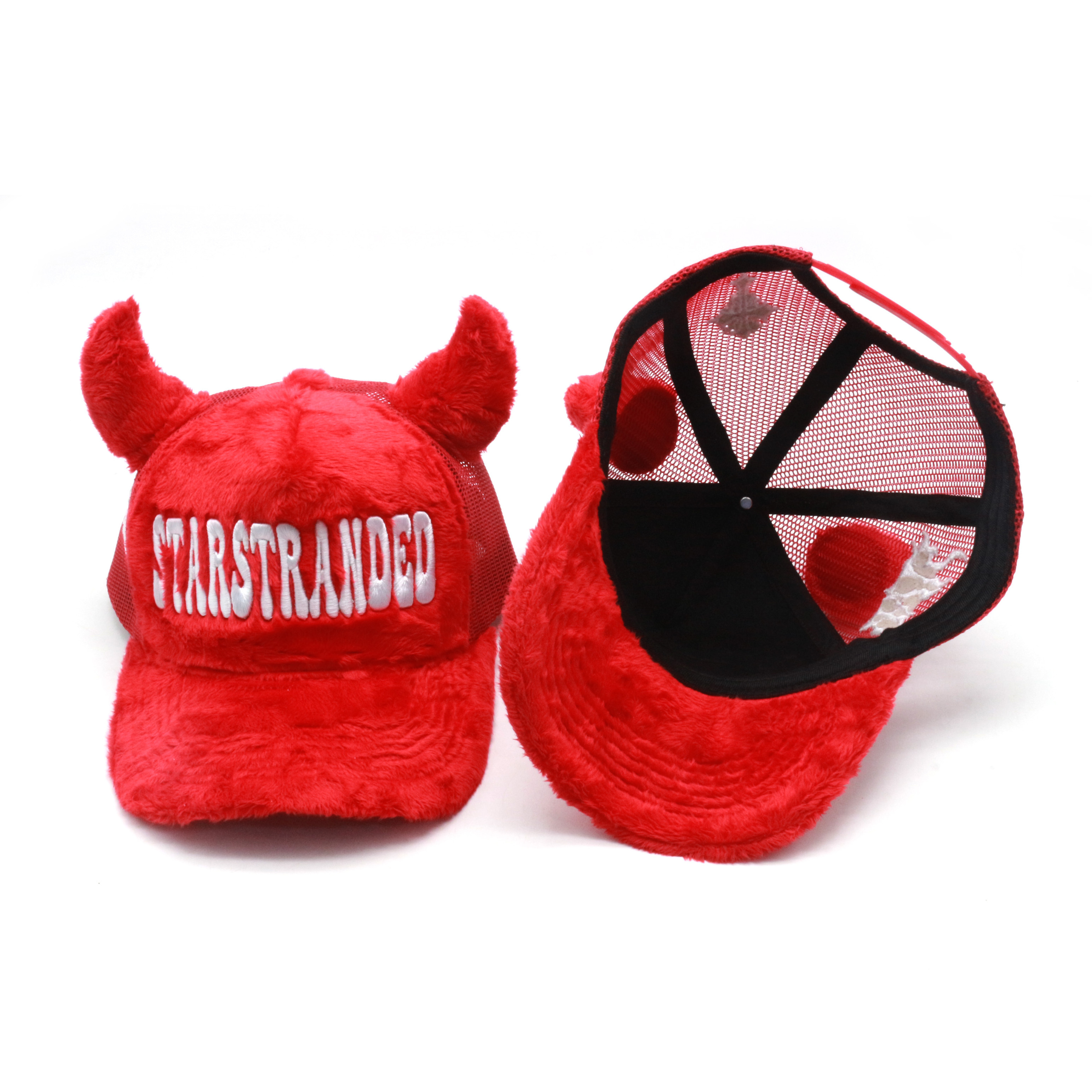 Cute person customized devil trucker hat fuzzy velvet trucker hat caps with horn wholesale