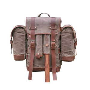 Canvas Vintage Backpack Large Waterproof Genuine Leather Backpack 25L Bushcraft Bag Heavy Duty Hiking Camping Bag