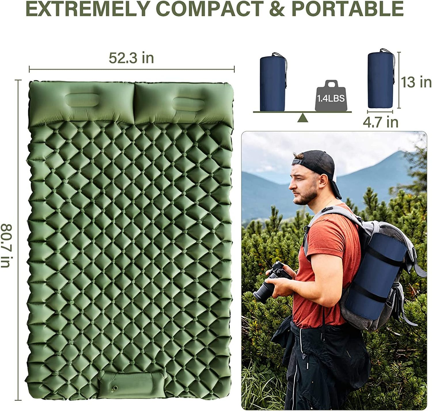 Double Camping Sleeping Pad, Inflatable Sleeping Mat Foot Press Ultralight 2 Person Camping Mat with Pillow