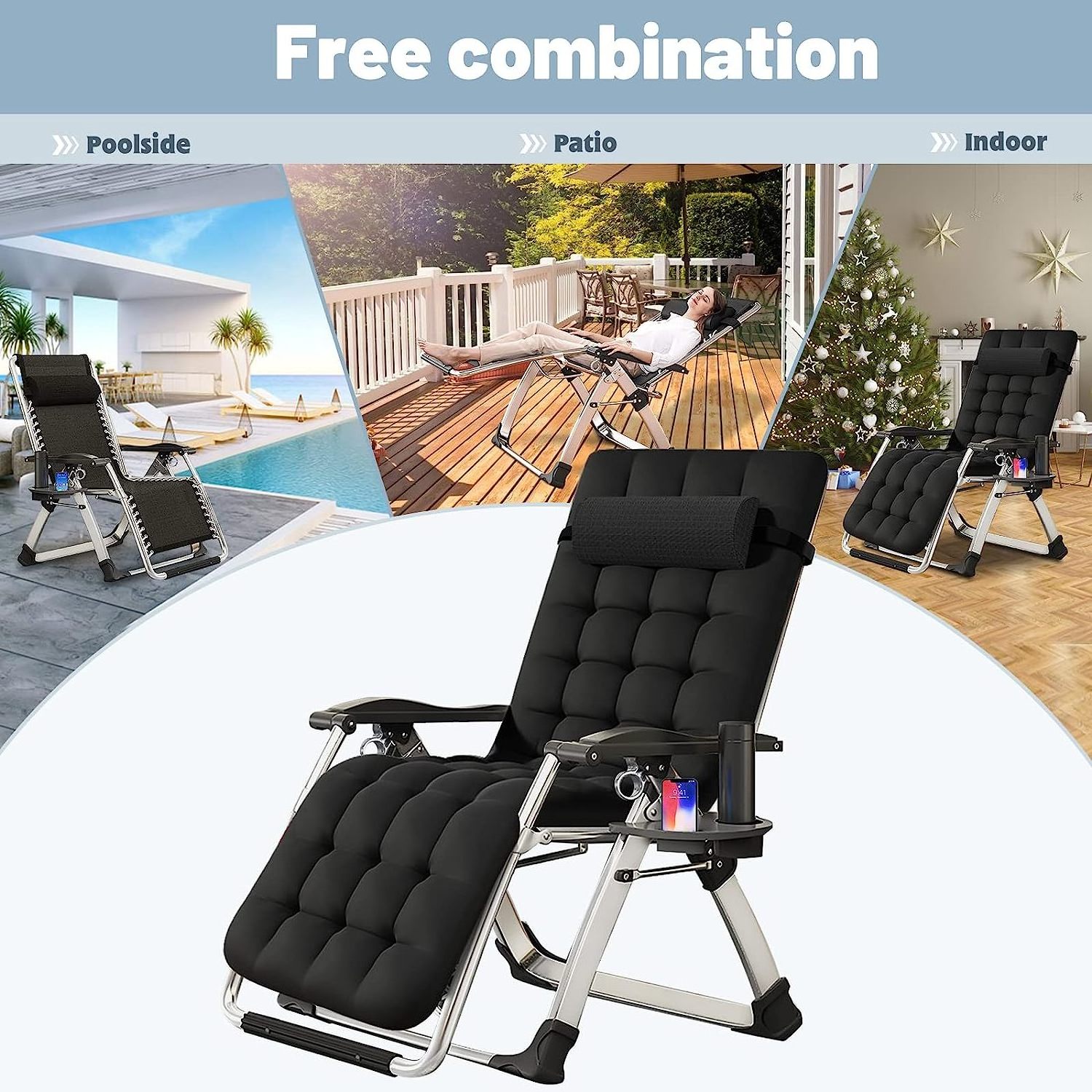 Zero Gravity Chair Reclining Lounge Chair with Removable Cushion & Tray for Outdoor Pool,Patio Recliner Folding Reclining Chair