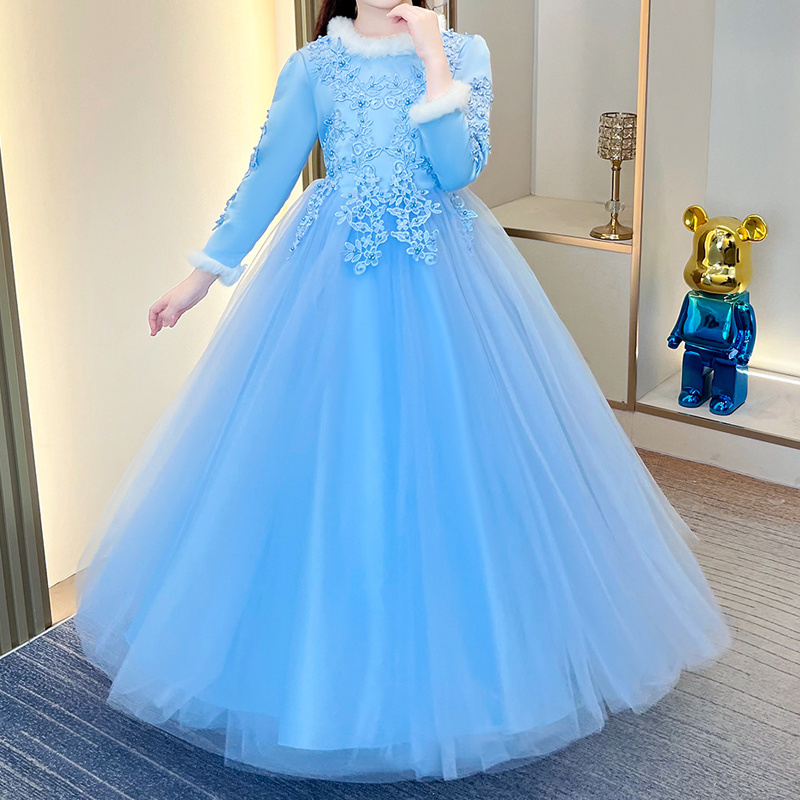 Winter Wedding Party Graduation Gown Girls Long Sleeve Evening Dress For 3-14 Years Old  Kids Floral Dresses