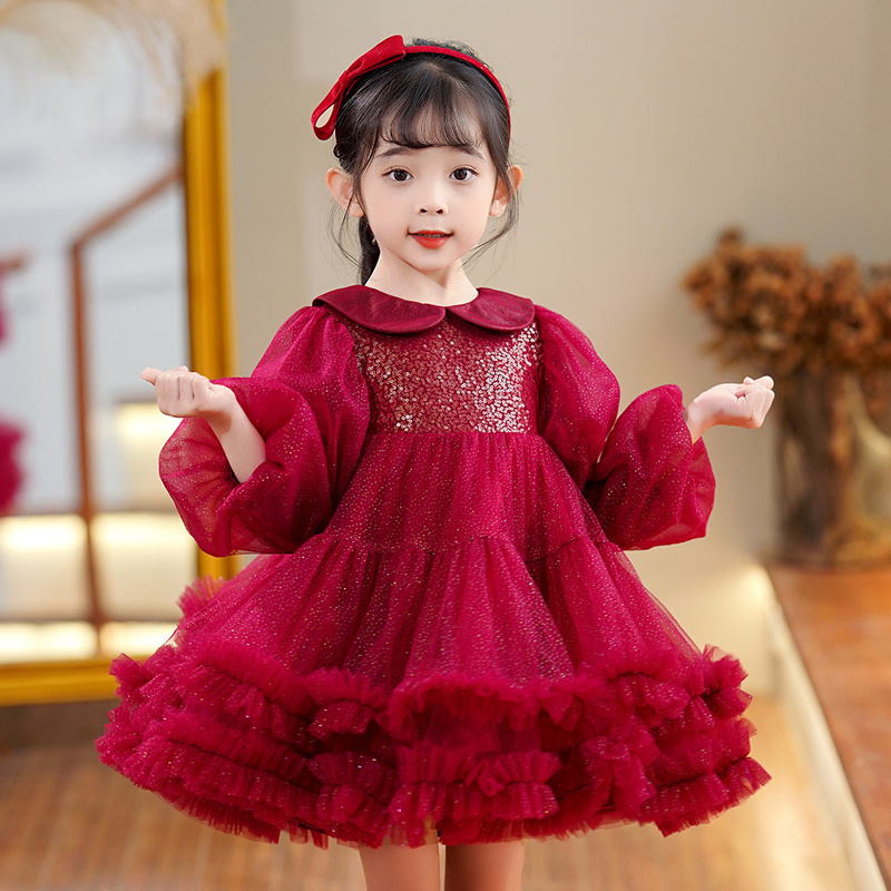 Autumn new baby girl elegant long sleeve doll collar knee length short dress casual cute girls princess dress