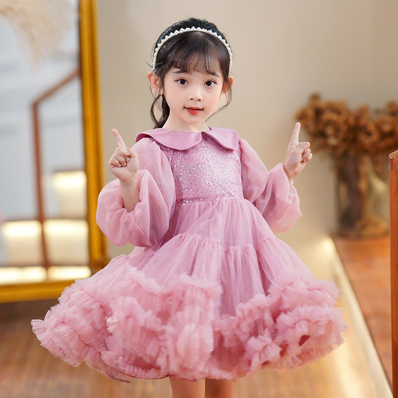 Autumn new baby girl elegant long sleeve doll collar knee length short dress casual cute girls princess dress