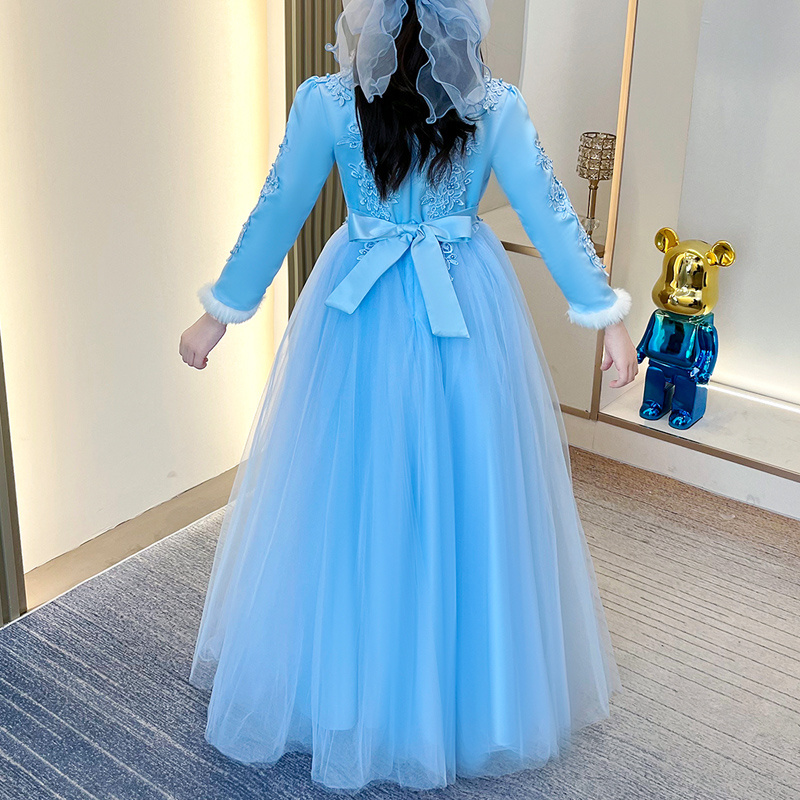 Winter Wedding Party Graduation Gown Girls Long Sleeve Evening Dress For 3-14 Years Old  Kids Floral Dresses