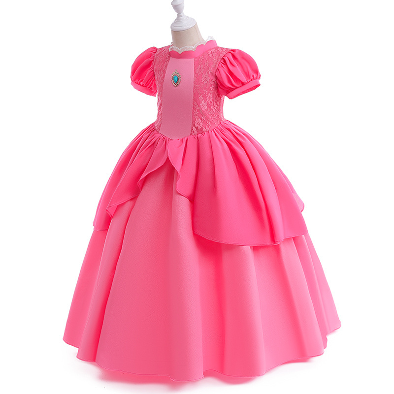 Kid Dress for Girl Princess Peach Toadstool Theme Clothes Rose Red Long Dresses Summer Short Sleeves Gown Children Polyester 100