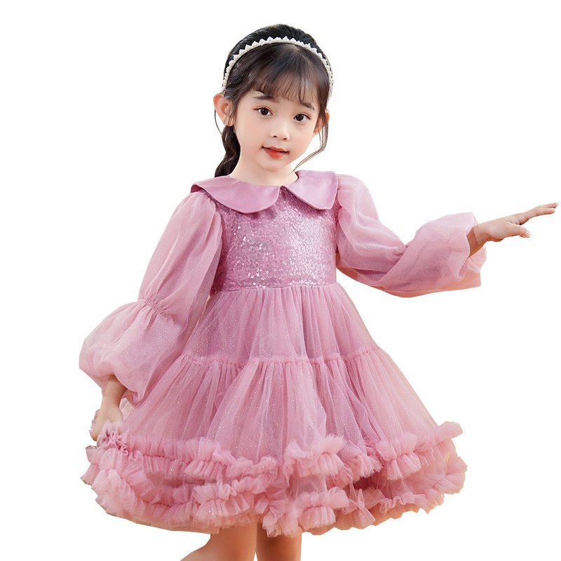 Autumn new baby girl elegant long sleeve doll collar knee length short dress casual cute girls princess dress