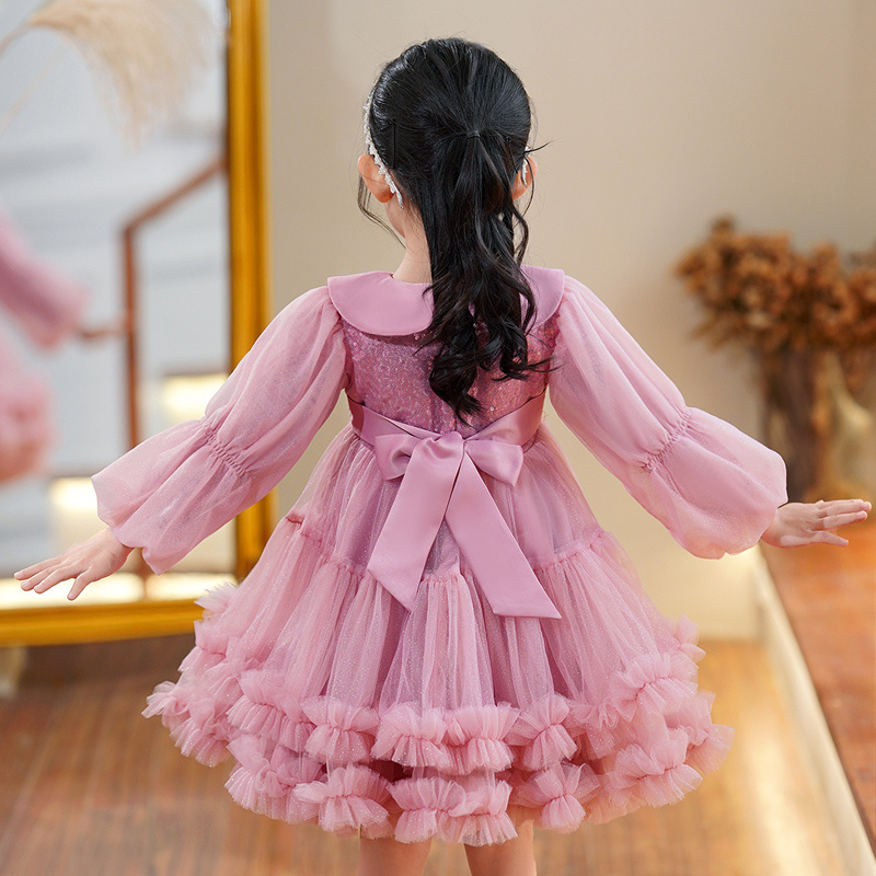 Autumn new baby girl elegant long sleeve doll collar knee length short dress casual cute girls princess dress