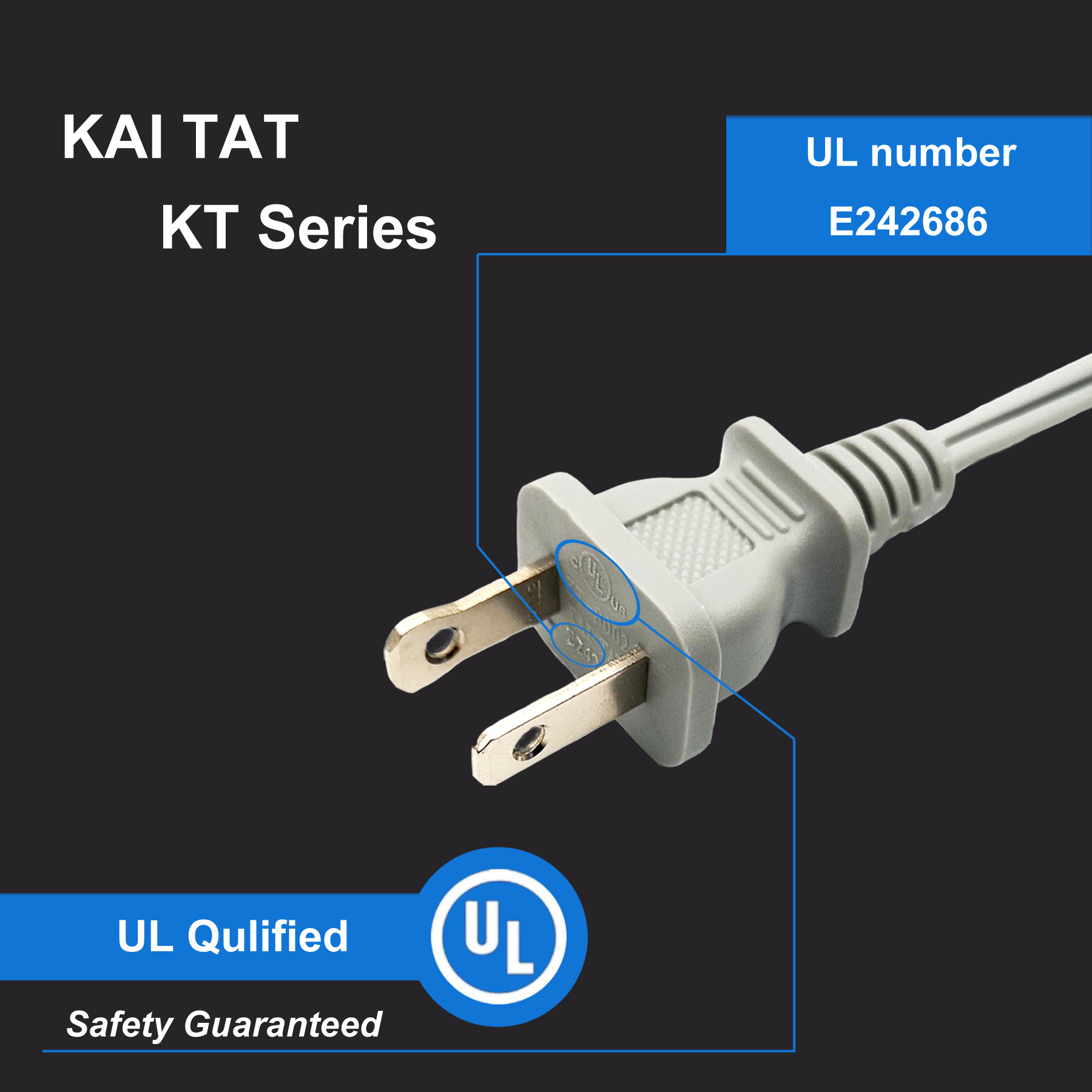 USA Standard UL Approved NEMA 5-15P, 1-15P, 1-15, 5-15  Flat Wire AC Cable 2 Pin Plug Power Cord