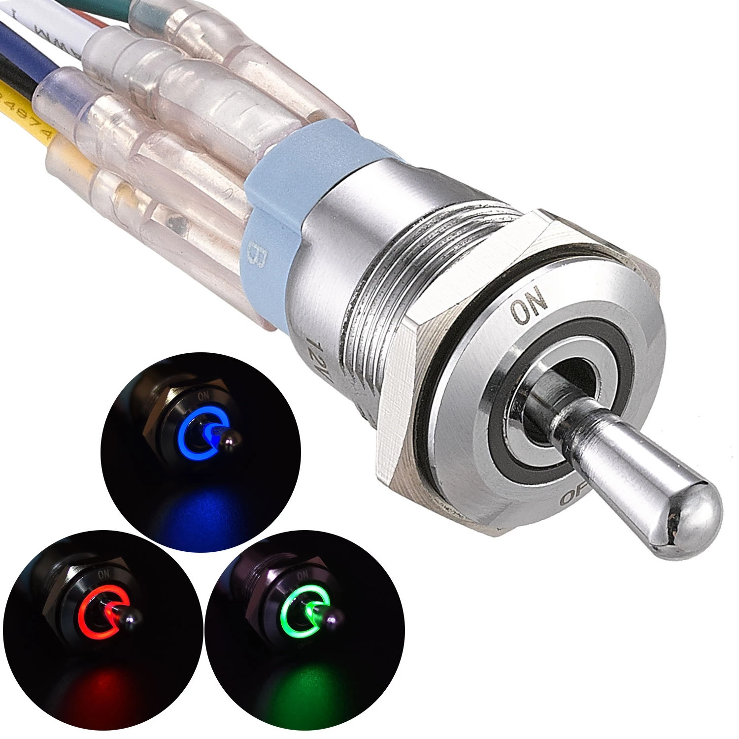 12 Volt Waterproof Push Button Toggle Switch 12V Lighted RGB Triple LED (Red Green Blue) 16mm