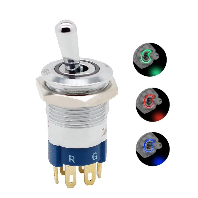 12 Volt Waterproof Push Button Toggle Switch 12V Lighted RGB Triple LED (Red Green Blue) 16mm