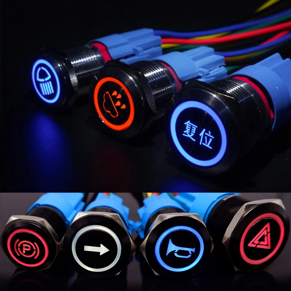 16mm 19mm 22mm Horn Symbol Momentary Push Button Switch LED Illuminated Red Green Blue Yellow White Purple 3V 6V 12V 24V 220V