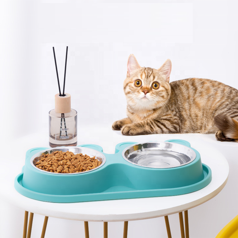 2 in 1 Eco Friendly Double Bowl Dog Cat  Bowls Stainless Steel Pet Cat Dog Drinker Slow Feeder Bowl for Wholesale