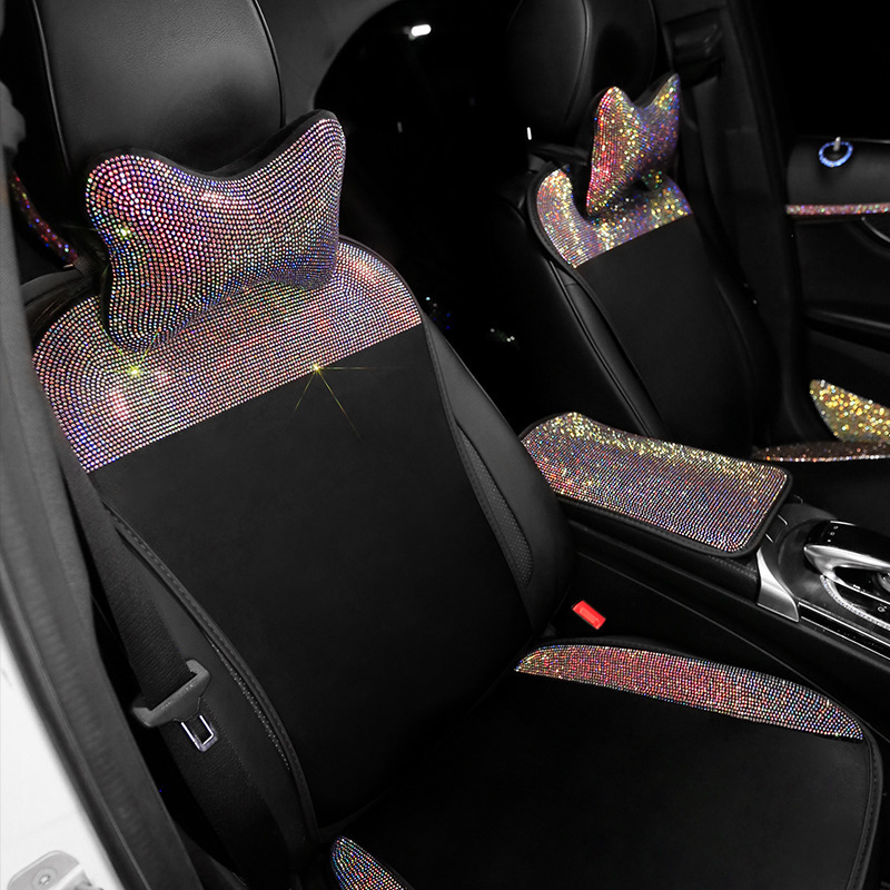 Five Seats Women Interior Accessories Bling Diamond Rhinestone Crystal Starry Leather Heating Pink Car Seat Cover Set