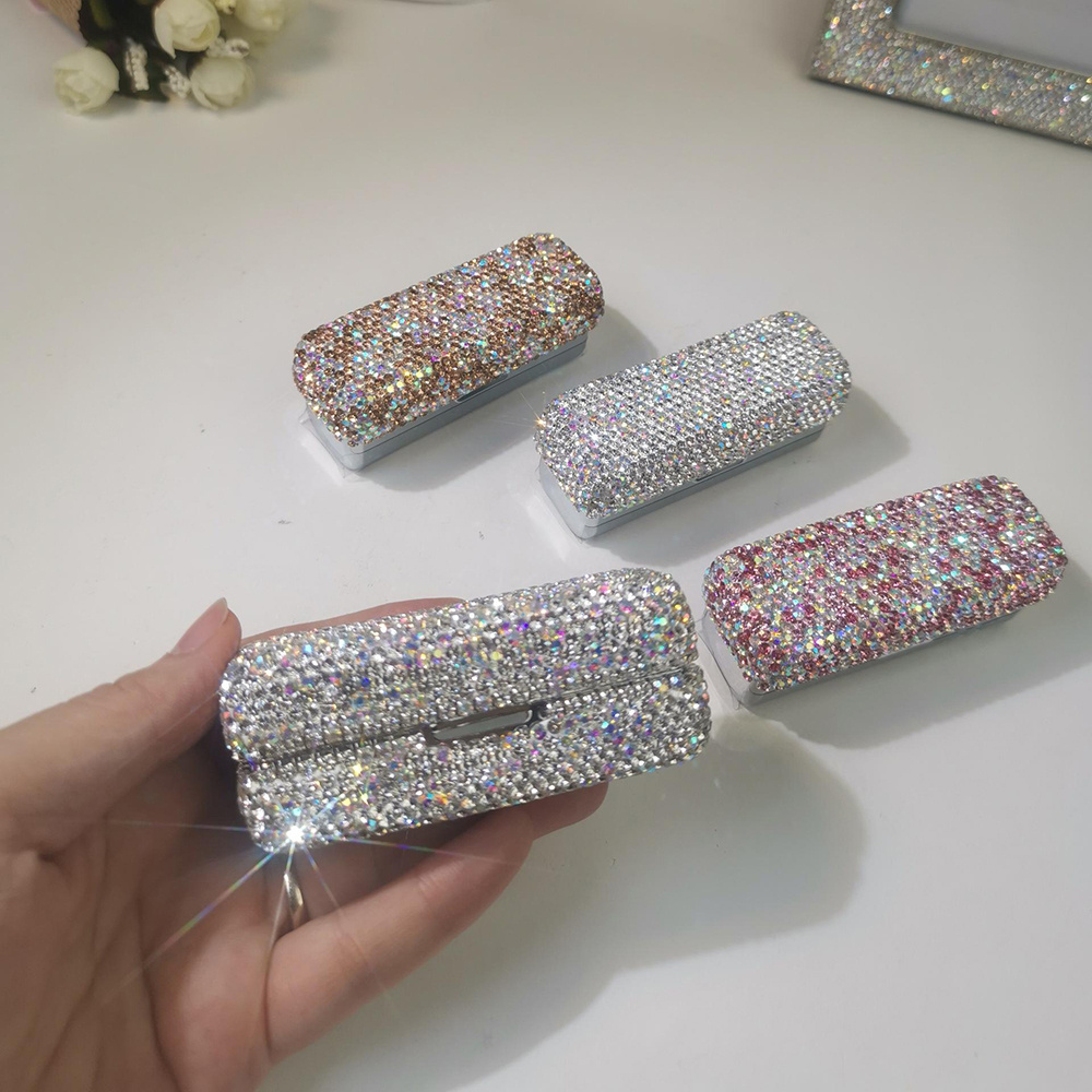 Luxury Glittering Lipstick Case with Mirror Rhinestones Bling Cosmetic Container Makeup Beauty Lipstick Box