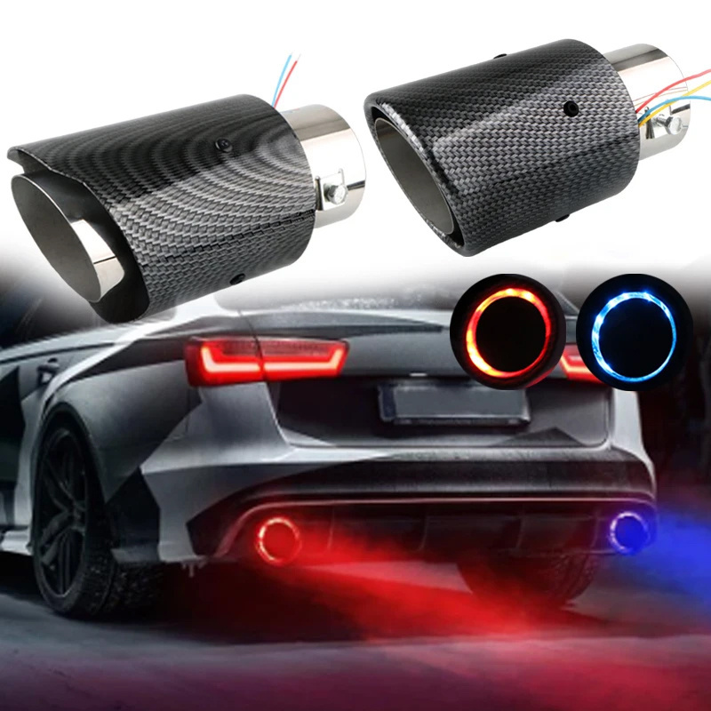 Universal Car Modified Exhaust Muffler Tip Pipe LED Red Blue Light 63mm Inlet Carbon Fiber Exhaust Muffler Tips