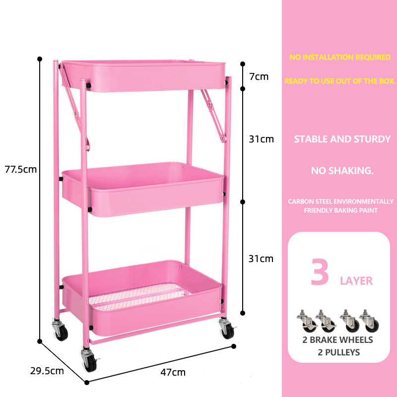 Multifunctional rolling trolley with tiered standing shelves, household large space folding storage cart