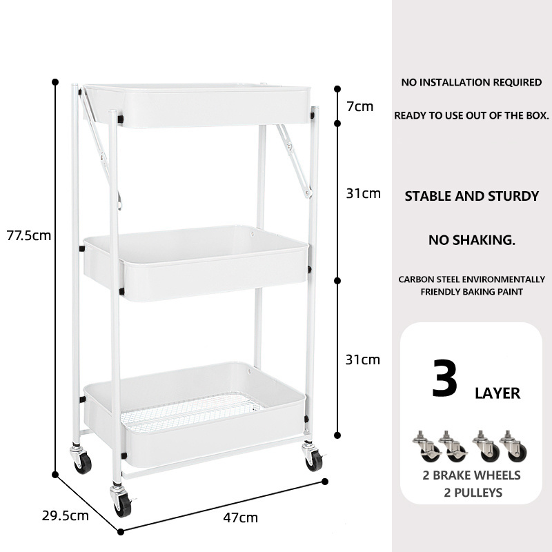 Multifunctional rolling trolley with tiered standing shelves, household large space folding storage cart