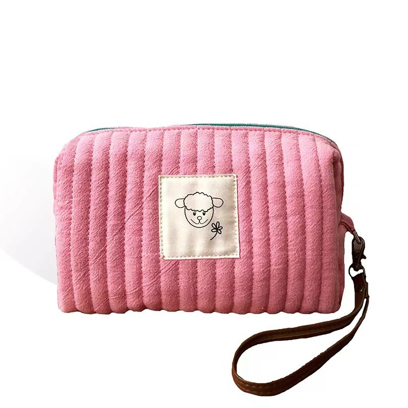 Cotton Cosmetic Bags with Zipper Large Capacity Canvas Makeup Pouch White Cute Sheep Toiletry Case Fashionable Style for Travel