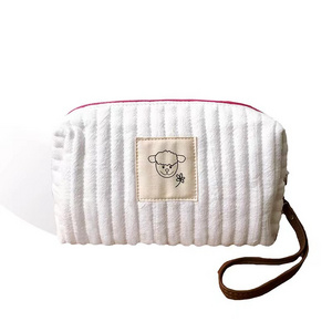 Cotton Cosmetic Bags with Zipper Large Capacity Canvas Makeup Pouch White Cute Sheep Toiletry Case Fashionable Style for Travel